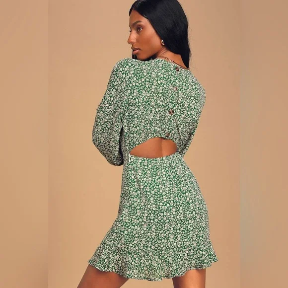 Lulus Blooming Darlin' Green Floral Print Ruffled Mini Dress NWOT - Picture 2 of 9